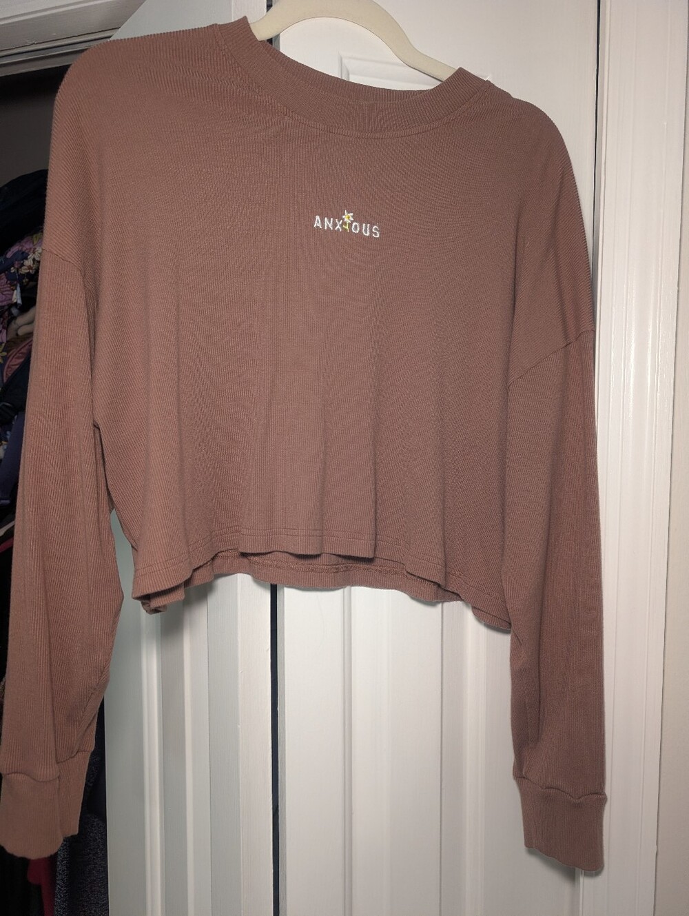 Octopied Mind Anxious Graphic Ribbed Cropped Long Sleeve Top Oversized M